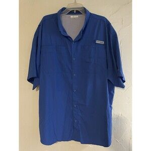 Columbia PFG Shirt Mens 2XL Blue Solid Short Sleeve Fishing Button Up Outdoor
